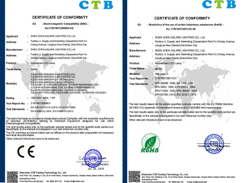 Our led amusement lamp made a successful in CE & ROHS certification!